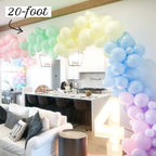 Pastel balloon arch in a living room setting with '20-foot' text
