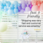 Colorful balloons and a cake on a table with a review text overlay.
