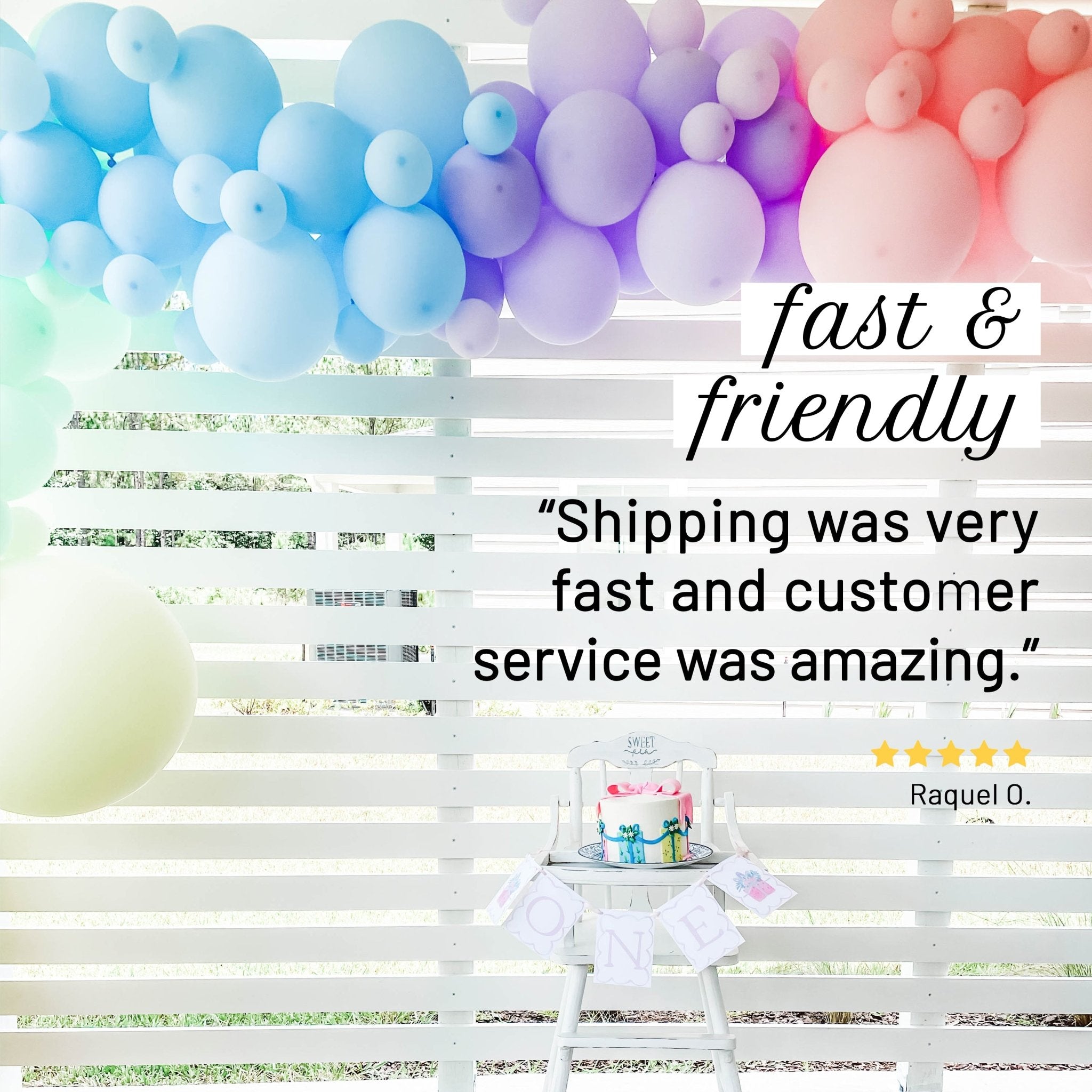 Colorful balloons and a cake on a table with a review text overlay.