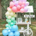 Colorful balloon arch with a 10-foot label in an outdoor setting.