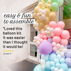 Colorful balloon arch with text praising the balloon kit's ease of assembly.