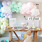 Child's birthday party setup with balloons, cake, and decorations in a room.