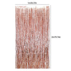 Rose gold tinsel curtain with measurements on a white background