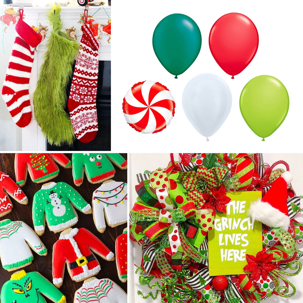 Collage of Christmas-themed items including stockings, balloons, cookies, and a wreath.