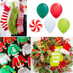 Collage of Christmas-themed items including stockings, balloons, cookies, and a wreath.