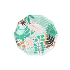 Hexagonal paper plate with tropical palm leaf pattern on a white background